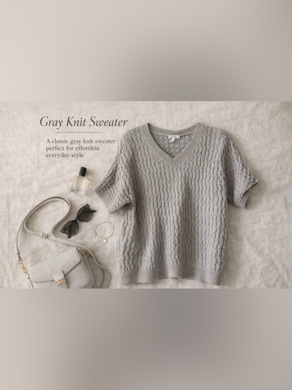 Chico's Light Gray Cable Knit V‑Neck Short Sleeve Sweater